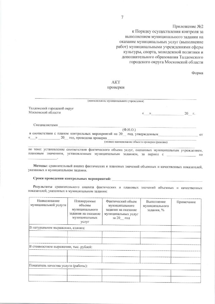 Об утверждении Порядка осуществления контроля за выполнением муниципального задания на оказание муниципальных услуг (выполнение работ) муниципальными учреждениями сферы культуры, спорта, молодежной политики и дополнительного образования Талдомского городского округа Московской области